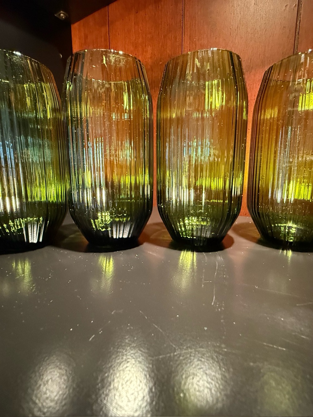 Set of 4 Federal Glass Green Ribbed Fluted Tumblers Castle F Mark Starburst Base